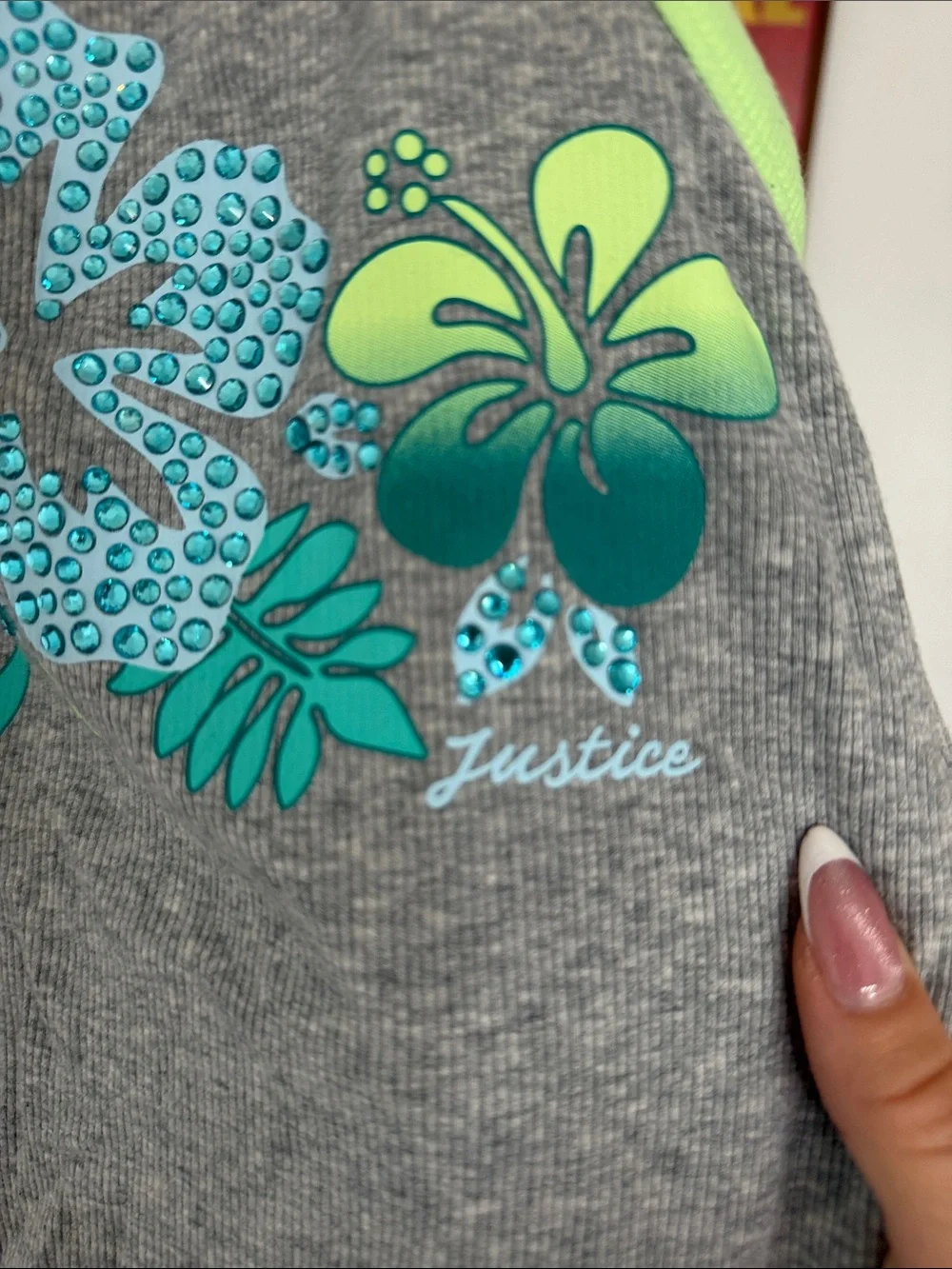 Justice Grey Tank Top with Neon Green Trim and Teal Floral